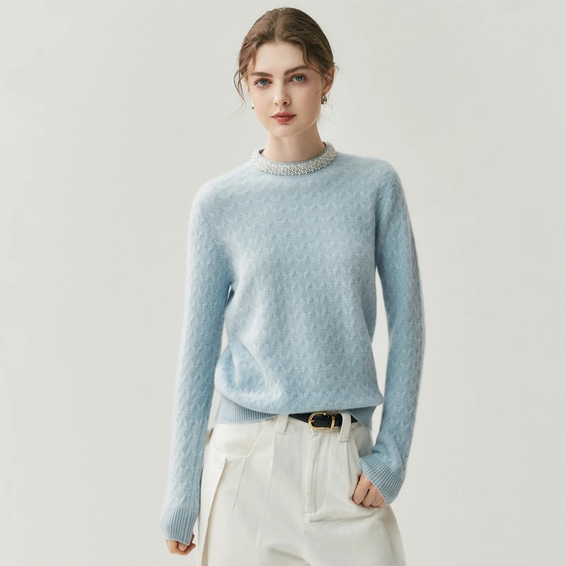 

Women's Light Luxury 100% Cashmere round Neck Pullover Sweater with Diamonds Jacquard Knitted Base Knitted Sweater Autumn Winter