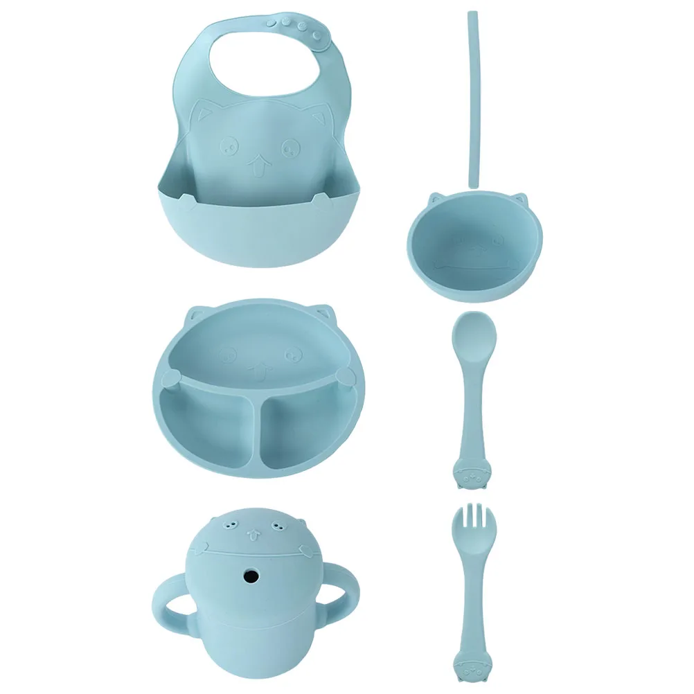 

7 Pieces Silicone Feeding Set Toddler Silicone Kids Tableware Set Divided Plate Baby Bowl Spoon Fork Saliva Bib Infant