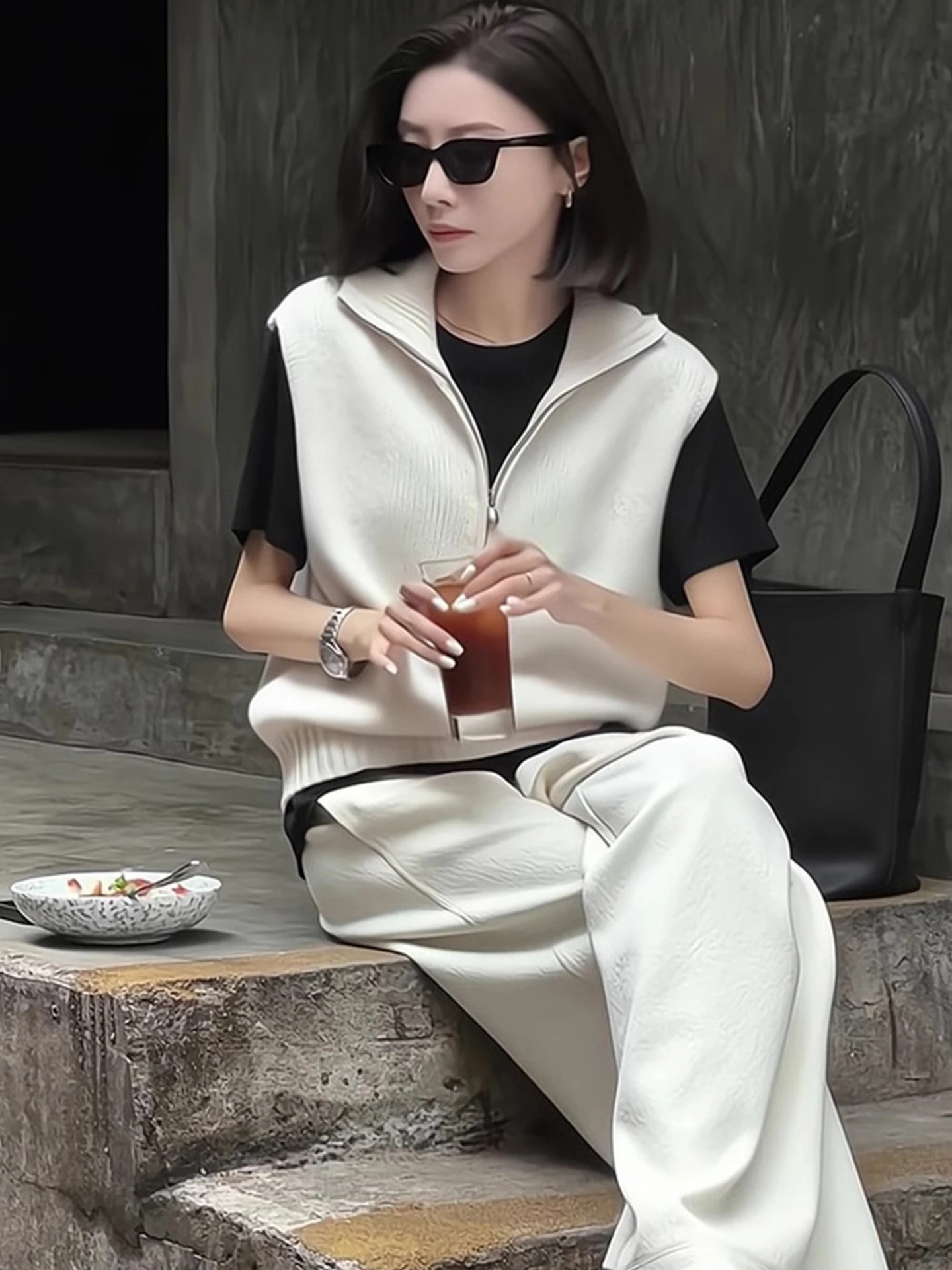 

Simple Design Zipper Svel Vest Loose Knitted Top Women's Faion Autumn Pure Color Turn-down Collar Layering Tank Top