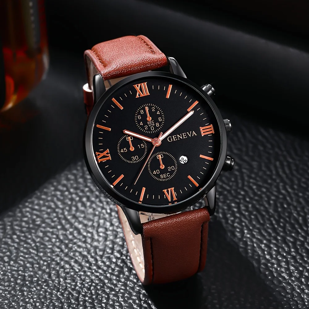 2pcs/set, Men's Brown PU Strap Disc Dial Casual Calendar Quartz Watch & Rope Bangle Set