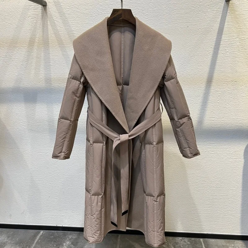 リバーシブル カシミヤ混 ホワイトグースダウンコート レディース ドローストリング付き