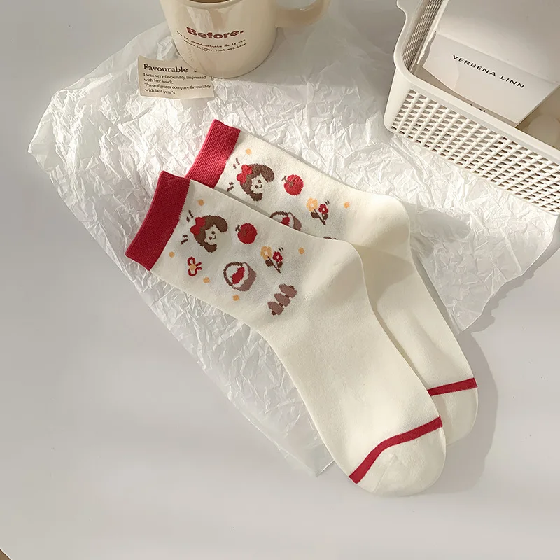 Leuke Roodkapje Cartoon Mid Kuit Sokken Gekamd Katoen Ademend Schoolstijl Witte Sokken voor Dames