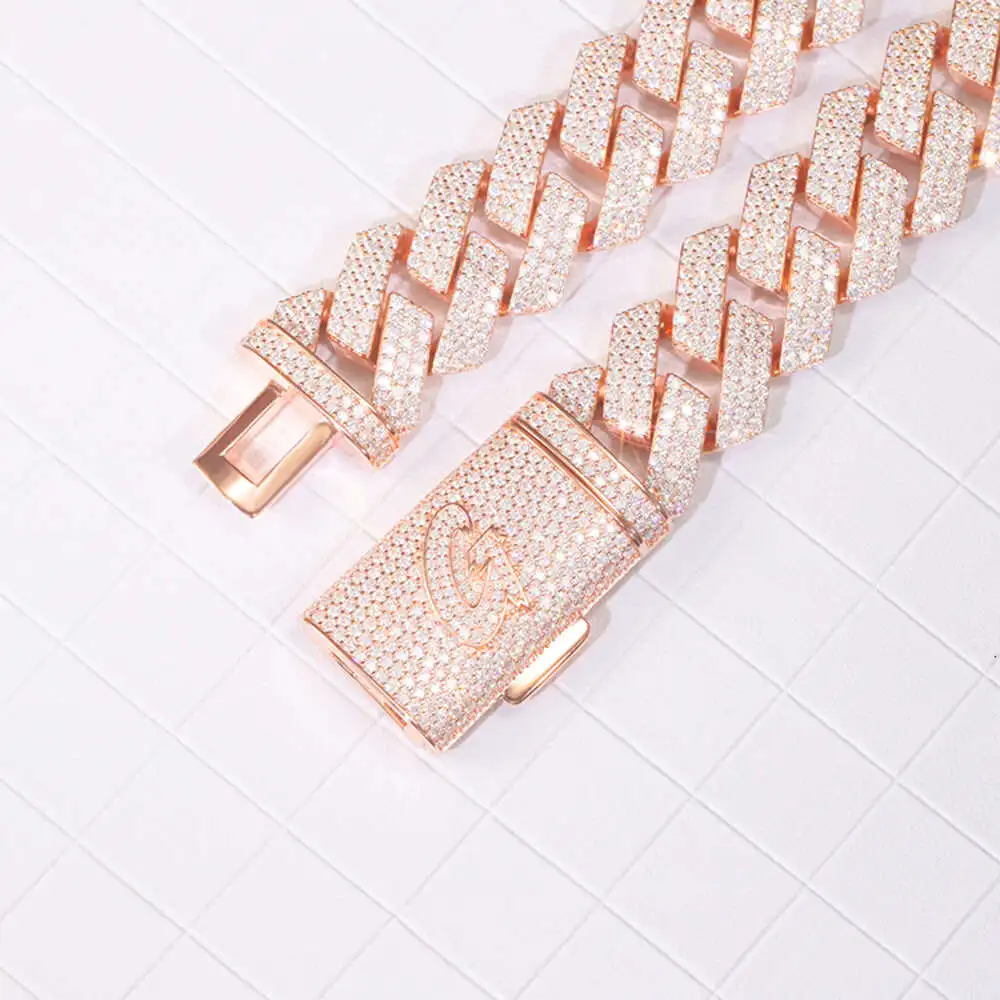 Make in China Custom Cuban Chain Rose Gold Plated Sterling Silver 3 Rows Vvs Moissnaite Diamond Shining Chain for Hiphop Life