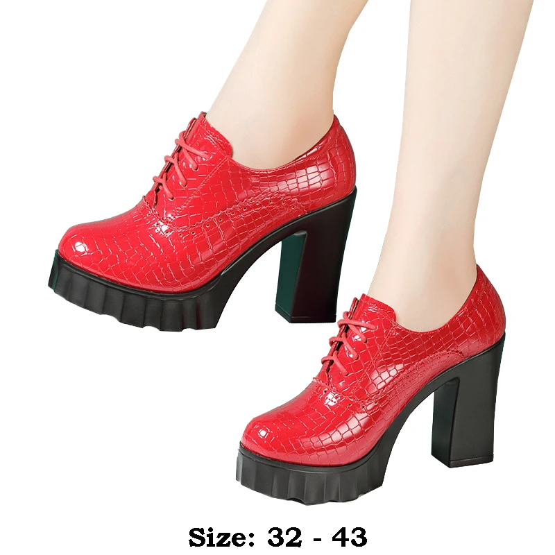 

high quality leather shoe for women 10cm high heel platform round toe 32 33 elegant fashion autumn winter shoe black white red