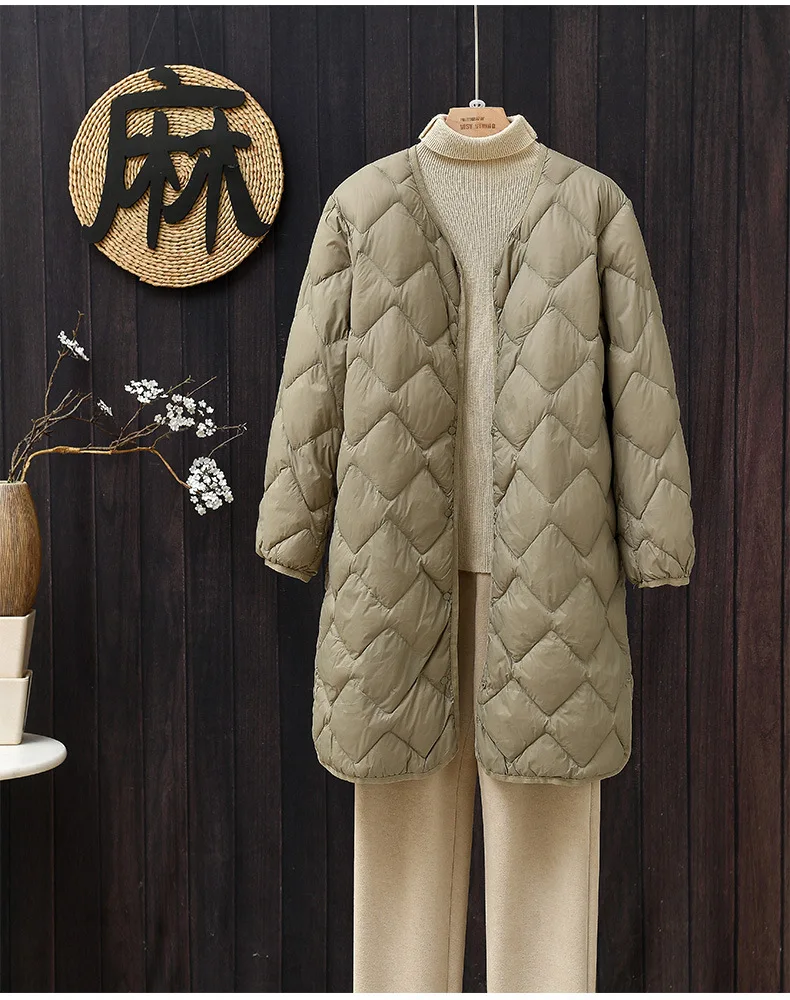 Down Coat Women Solid Jacket Diamond Quilt Button Round Neck Long Sleeves Long Loose Single Breasted Casual 2025 Autumn Winter