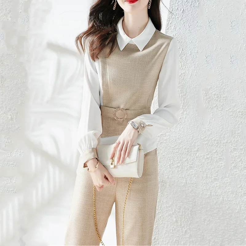 Patchwork Elegante All Match Vrouwen Broek Sets Voor De Lente Herfst 2023 Nieuwe Mode Draai Kraag Slanke Vrouw 2 Stuks Outfits