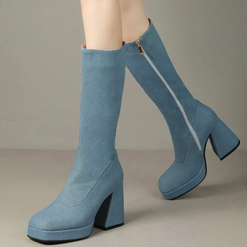 New Sky Blue Plus Size 33-43 Denim Jeans Square Toe Women Warm Winter Shoes Platform Chunky High Heels Mid-calf Riding Boots