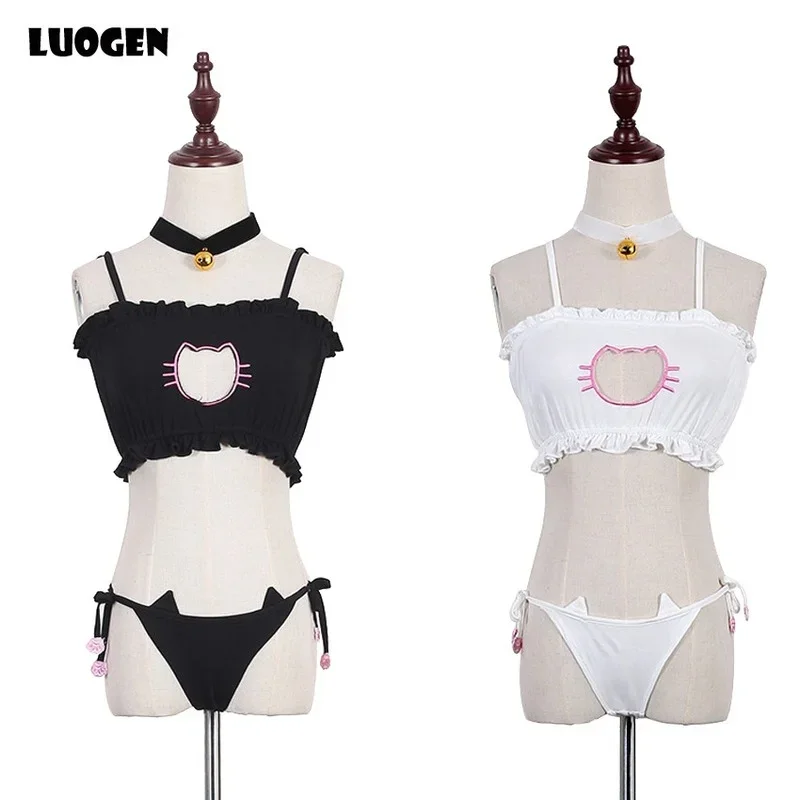 

Cute Sexy Japanese Costume Cat Suit Lolita Wome Hollow Cat Sexy Underwear Role Play Brief Set Sexy Lingerie+Bell Choker 2Colors