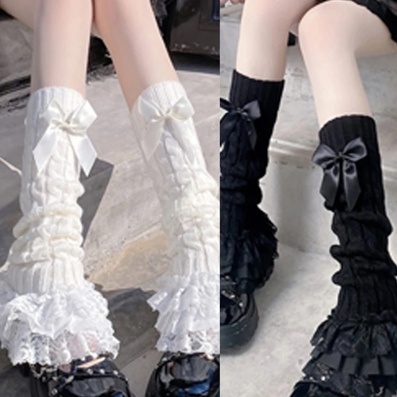 Women JK Twist Cable Knit Bow Tiered Ruffled Lace Leg Warmers Long Socks