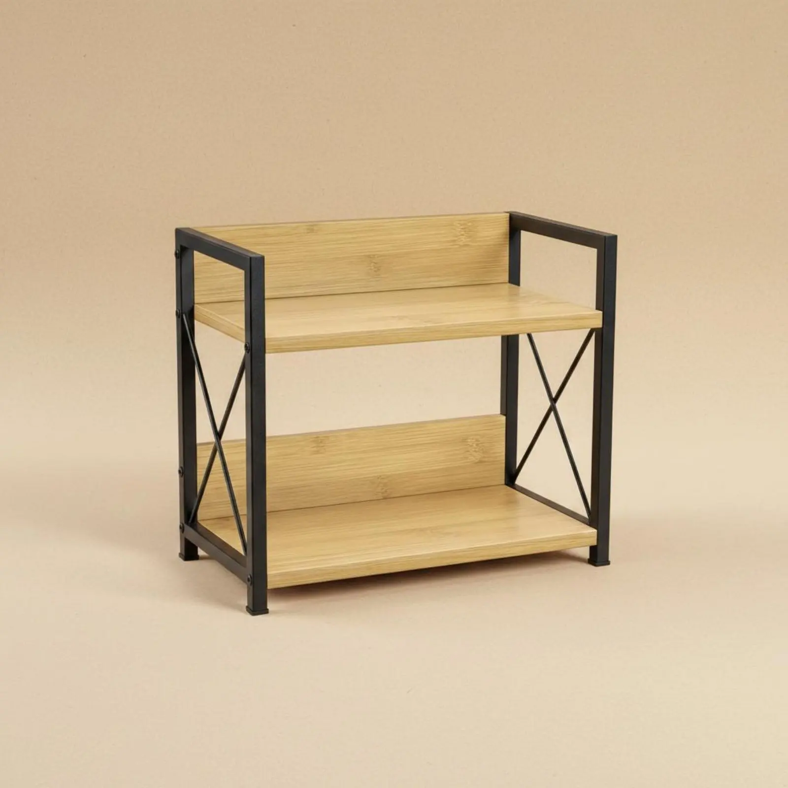 Wood and Metal Seasoning Rack Easy to Install 2-Tier Counter Organizer Bathroom Vanity Shelf X-Shaped Design for Kitchen, Office