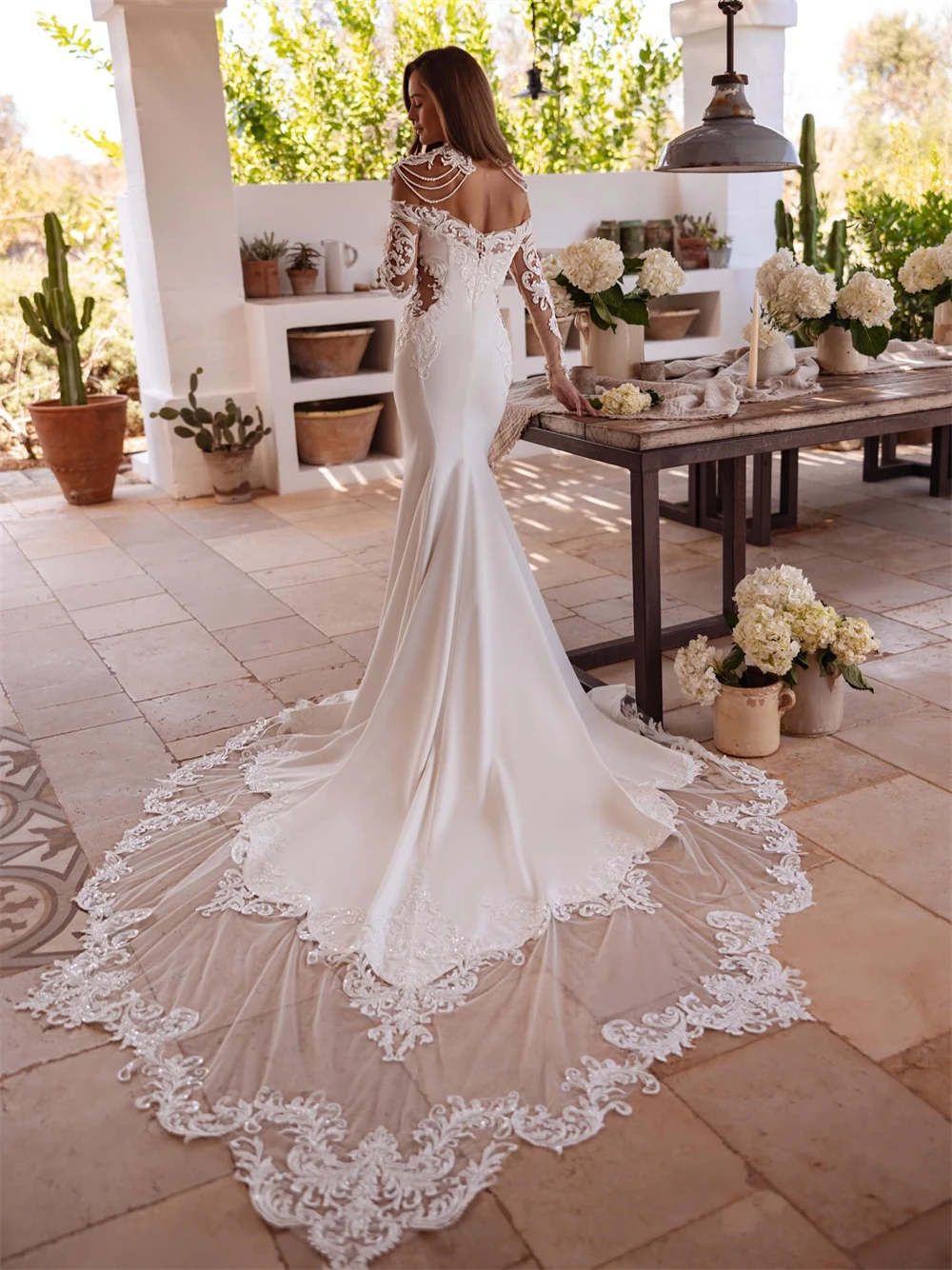 فستان زفاف مثير من الساتان الأبيض مخصص برقبة قارب وأكمام طويلة زي العرائس حالمة حورية البحر ذيل محكمة فيستدو دي نوفيا #2