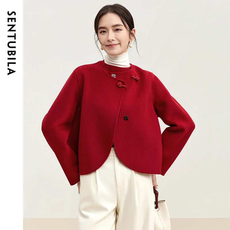 SENTUBILA 100% Wool Red Jackets Women Short Coat 2024 Winter Chic Button Double Faced Wool Crop Outerwear Female W44O56627