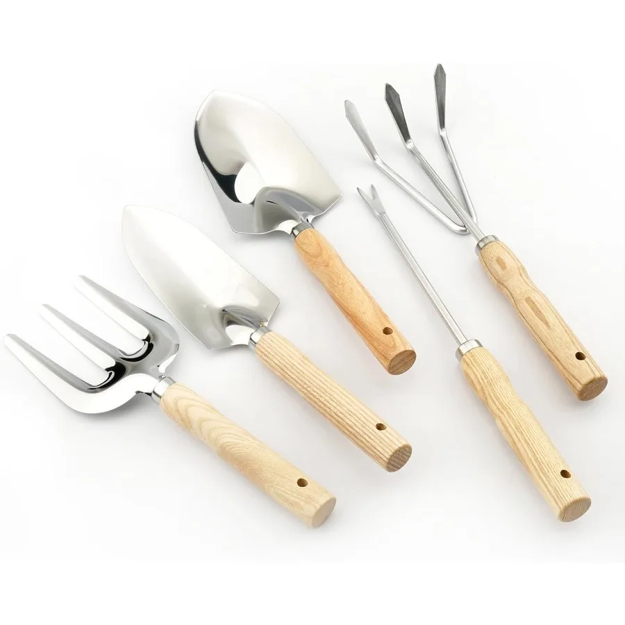 

Набор садовых инструментов, 5 шт., со съемником для прополки, трансплантатор, большой мастерок, культиватор с 5 когтями, деревянная ручка, садовый сад из нержавеющей стали