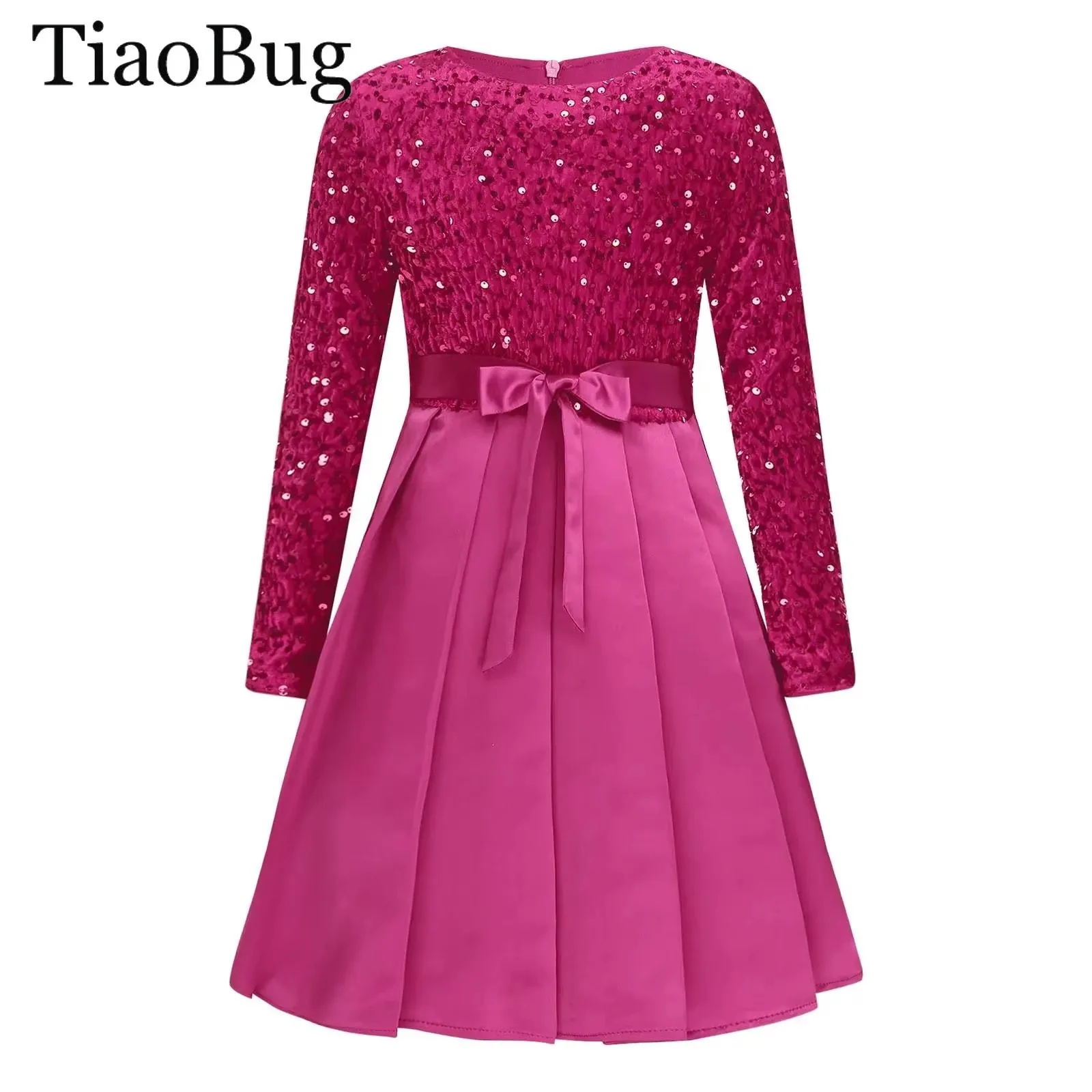 Vestido de fiesta de Navidad con lentejuelas brillantes para niñas, vestido de princesa plisado de manga larga con cinturón, banquete, boda, cumpleaños, vestidos de graduación