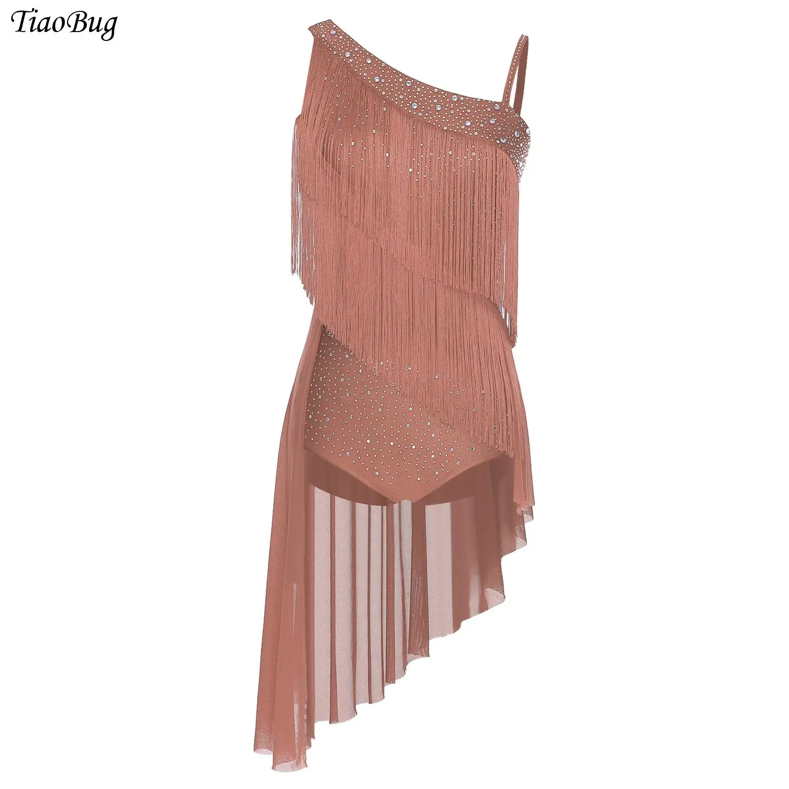 

Women Tassels Latin Dance Leotard Dress Asymmetrical Shoulder Rhinestones Figure Skating Cha-cha Samba Tango Performance Costume