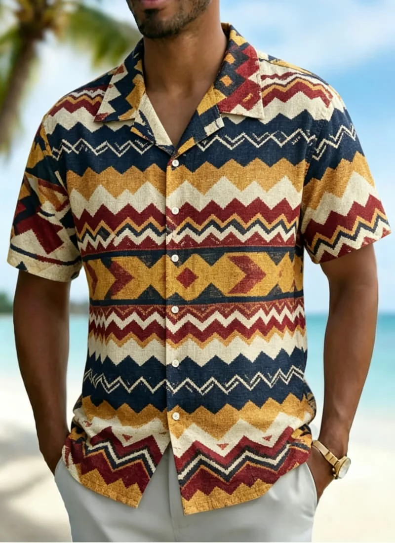 

Men's Retro Tribal Totem Print Hawaiian Shirt, Ethnic Style Shirt for Summer Festival, Beach Trip, Casual Outings & Streetwear