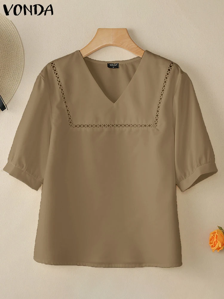 VONDA Damska tunika Modna bluzka 2025 Letnie topy z krótkim rękawem Casual V-Neck Luźne, eleganckie koszule Hollow Out Lace Blusas