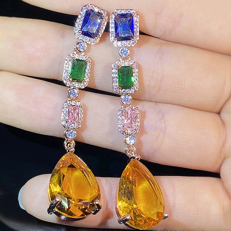 Huitan New Trendy Women Long Hanging Earrings with Colorful Cubic Zirconia Luxury Fashion Wedding Accessories Luxury Jewelry