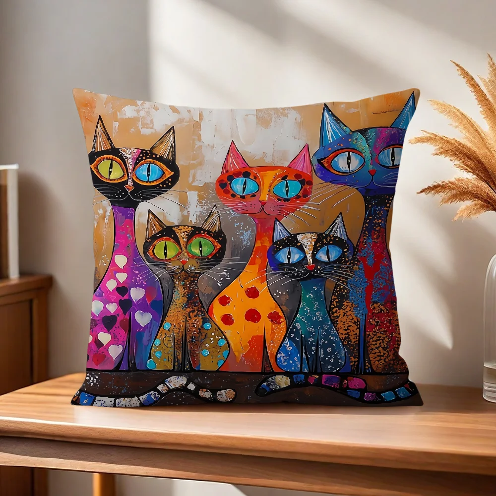 Bunter Katzen-Kunst-Kissenbezug für Zuhause, Sofa, Wohnzimmer, Büro, Café, Auto – Detail 6