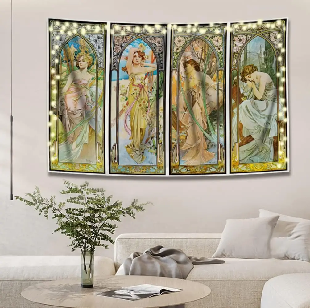 Elegant Illuminated Tapestry Wall Hanging LED Art Panel Quadriptych Classical Mythological Style Renaissance Home Decor Display