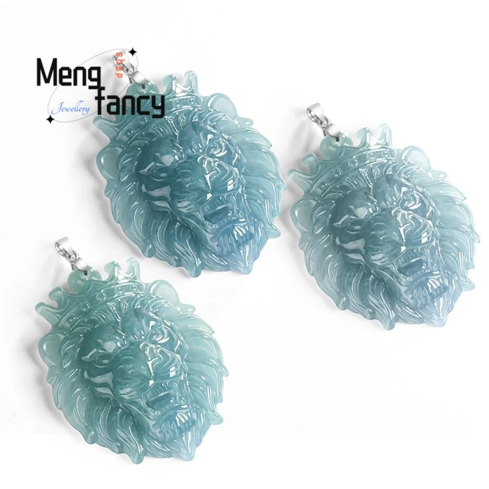 Natural A-grade Jadeite Blue Water Three-dimensional Lion King Ice Seed Jade Pendant Hip Hop Chinese Style Couple Luxury Jewelry