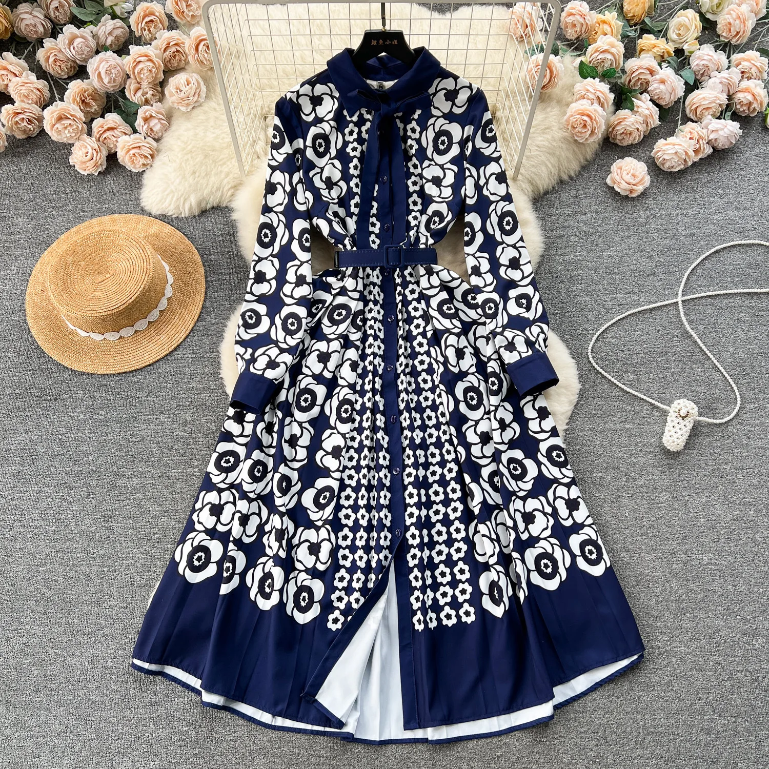 New Runway Fashion Floral Dress Shirt Women Long Sleeve Single Breasted Laces Bow Vintage Slit Midi Vestidos Blue Belt Holiday