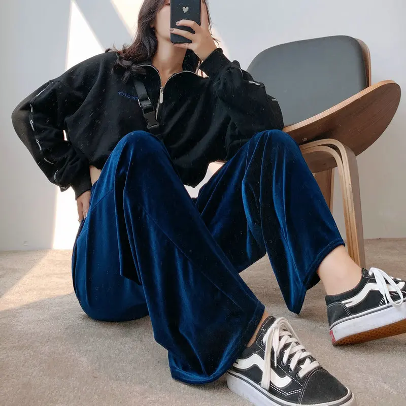 

Spring Winter Velvet Elegant Pants Women Black Casual Korean Style Wide Leg Pants Loose Fashion High Waist Trousers Female Y2k