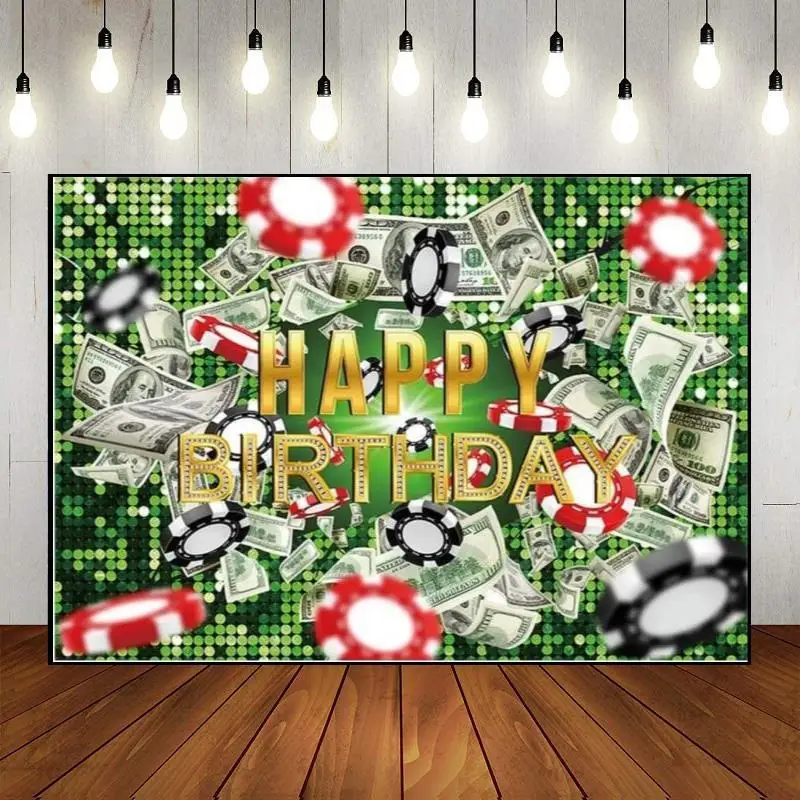 Photography   Money Theme Custom Party Wall Backdrop Decoration Diamond Glitter Bill Banner Champagne Happy Birthday Photo