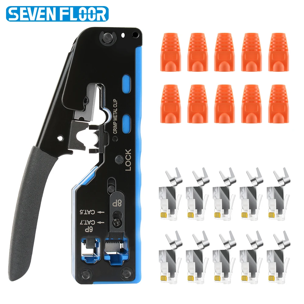 Cat7 Cat6 Cat5E Pass Through Crimping Tool 8P6P, 10Pcs Shielded RJ45 Cat7 Plugs with Strain Relief Boots & Cable Sleeves for Net