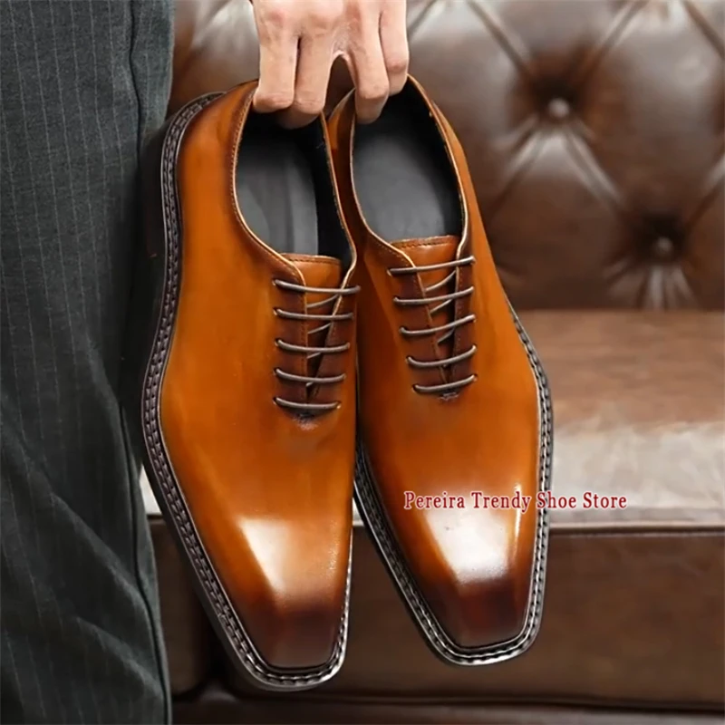 

Men's Business Dress Shoes Square Toe Genuine Leather Handmade Oxford Shoes British Style Classic Wedding Groom Shoes Large Size