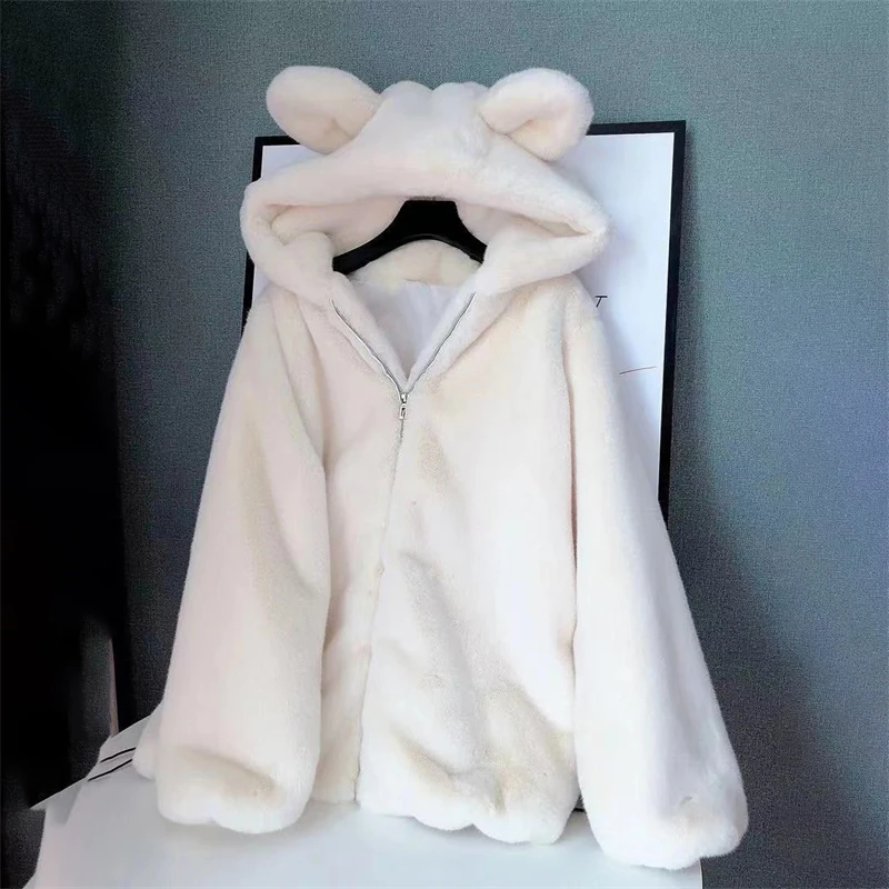 New Bear Ears Cute Sweatshirt Loose Fleece-Lined Thickened Plush Mid-Length Zipper Jacket White Black Brown Women's Winter