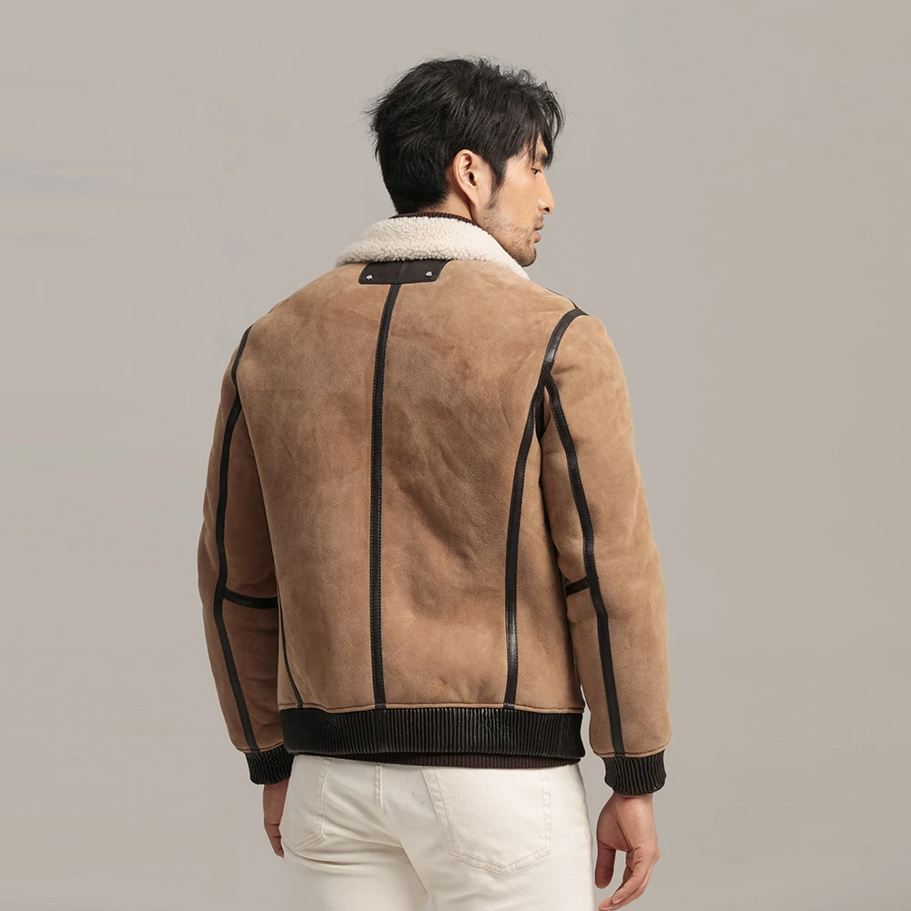 Denny&Dora Men's Shearling Jacket Spain Imported Sheepskin Shearling Jacket For Men Brown Leather Jacket