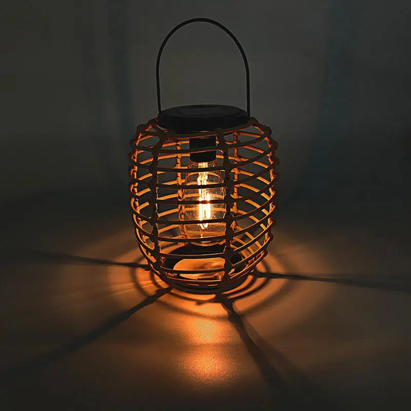 Bulb Warm LED  Retro Standing Light Lamp Outdoor Hanging Solar Rattan LED Lantern