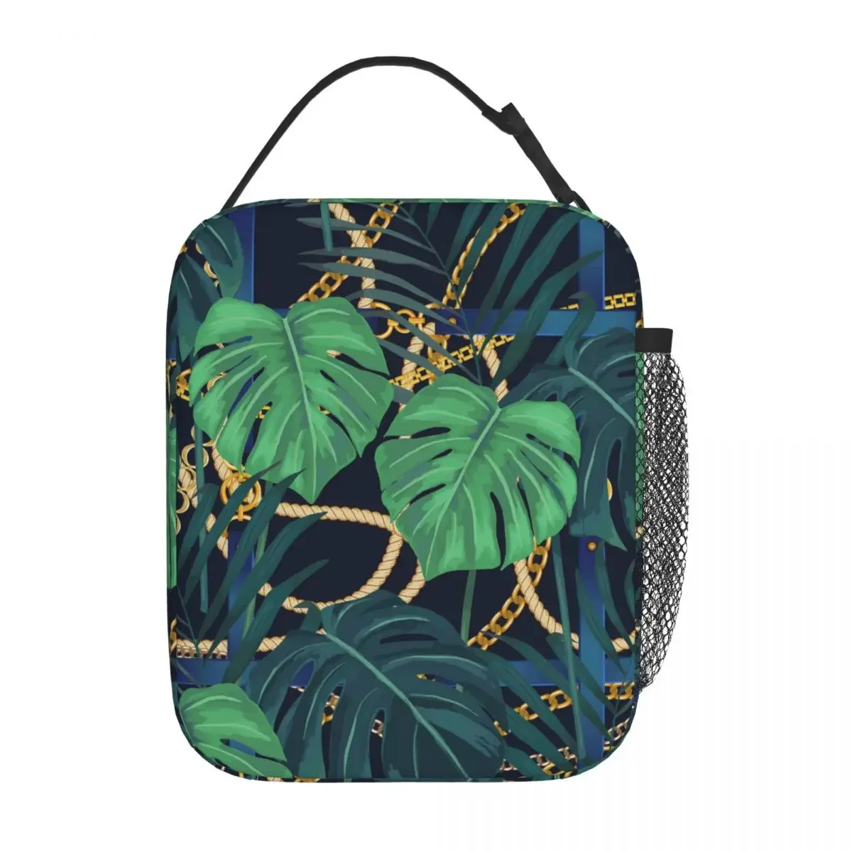 Lunch Bag Gold Chains Portable Insulated Lunch Box For Children Palm Leaf Print Office Cooler Bag Casual Oxford Tote Food Bags