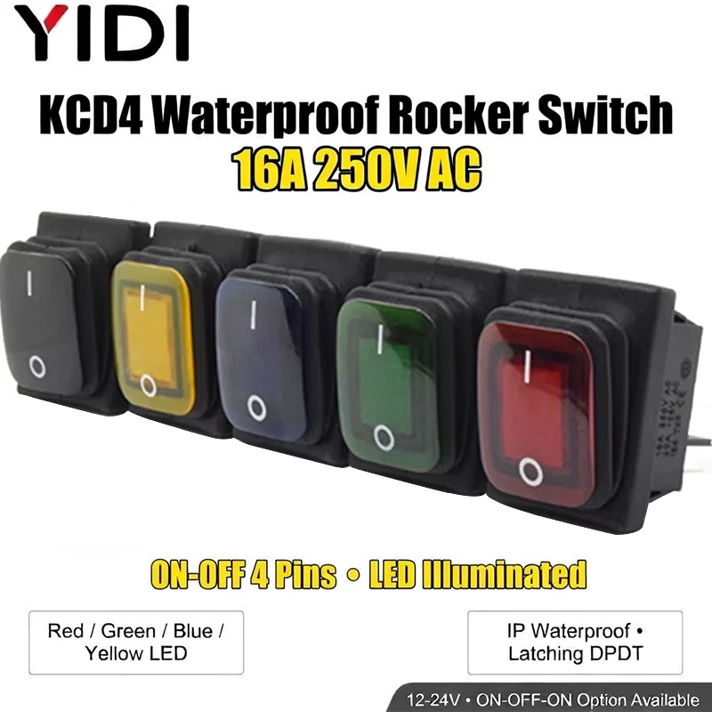 

Прочный водонепроницаемый 4-контактный тумблерный переключатель KCD4 ON-OFF 12В с LED-подсветкой 220В, 16А 250ВAC, DPST, кнопка 30x22 мм