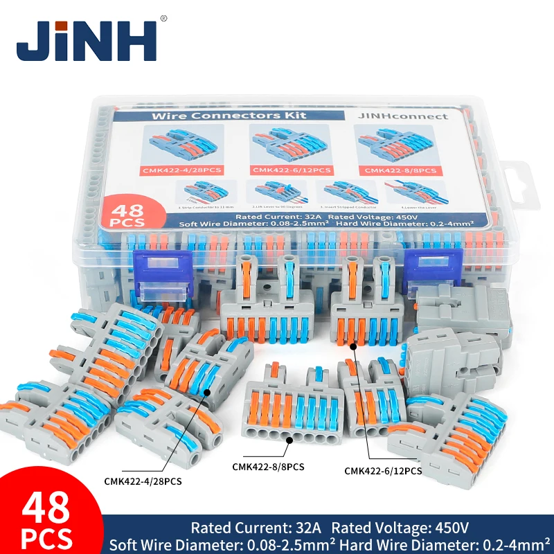 JINH 48Pcs CMK 422 Lever Connector Nuts Assortment Pack Wire Connectors Universal Cable Spring Terminal Blocks 2 In Multi Out