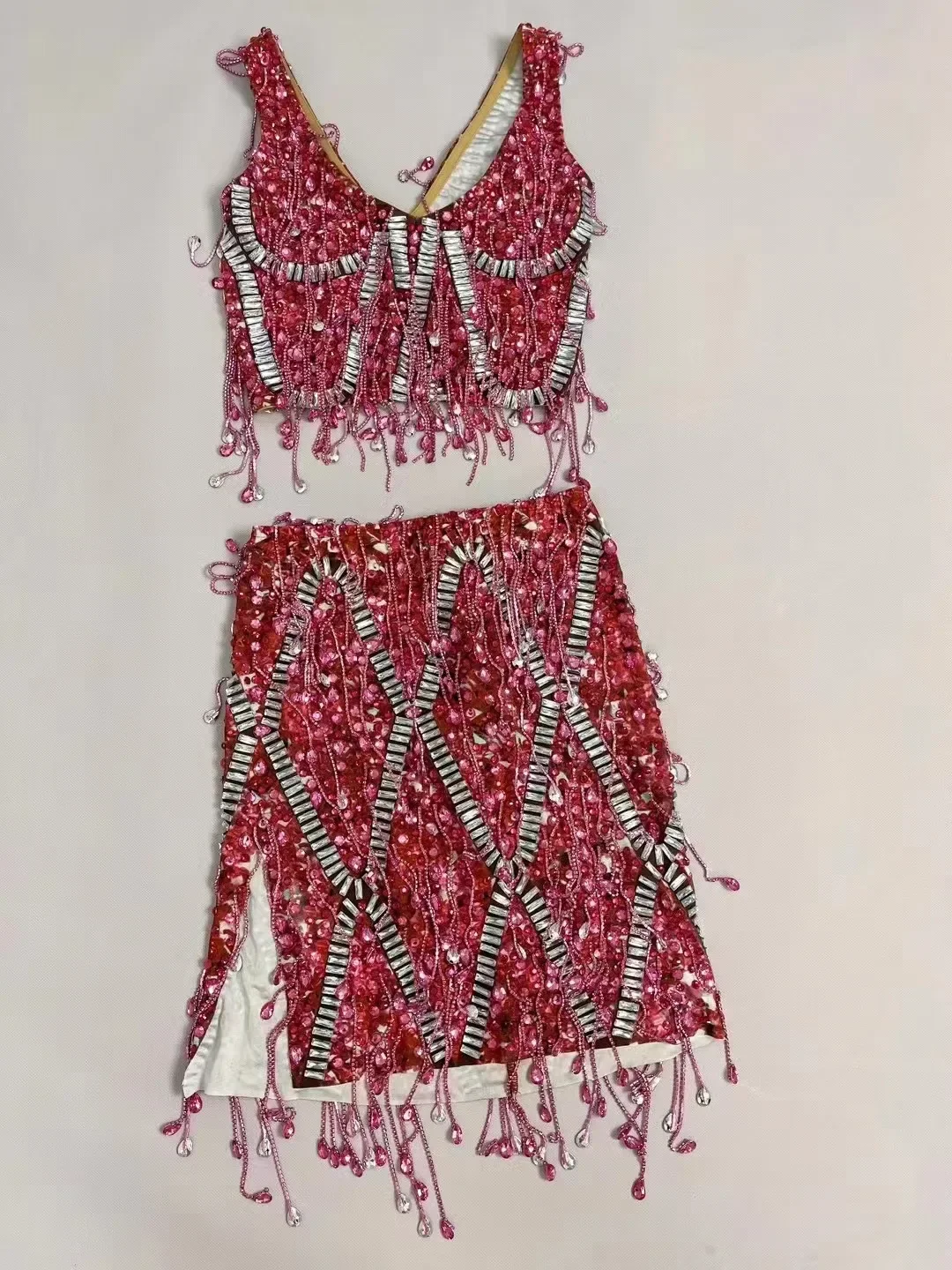 Sparkly Rhinestone Crystals Top Skirt Two Pieces Set Women Sexy Celebrate Evening Birthday Dress Photo Shoot Performance Costume