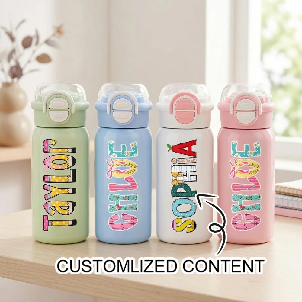 Custom Name Kids Insulated Water Bottle, School‑Theme Colorful Letter Stainless Steel Tumbler with Straw, Gift for Student.