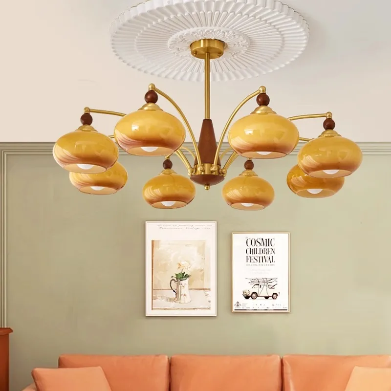 All copper living room chandelier American retro walnut bedroom chandelier Dining room lights retro homestand lights