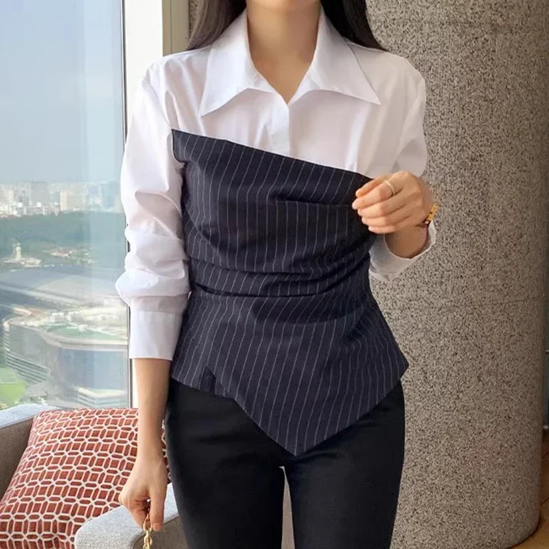 Laple Long Sleeve 2024 Woman Shirts & Blouses Fake Two Piece Ropa Mujer Irregular Blusas Elegant Temperament Camisas Blusa