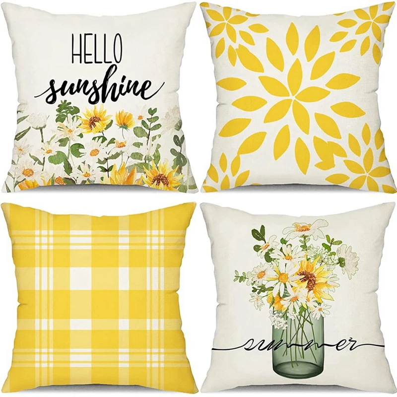 AT14 Summer Pillow Covers 18X18 Set Of 4 Farmhouse Throw Pillows Summer Decorations Cushion Cas For Sofa Couch Decor