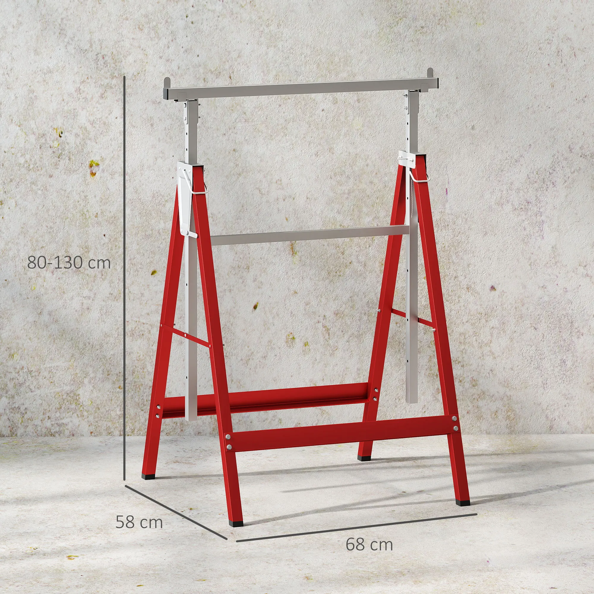 HOMCOM Set mit 2 klappbaren Metallständern mit verstellbarer Höhe, Sägeständer aus Stahl, 68x58x80-130 cm, Rot – Detail 2
