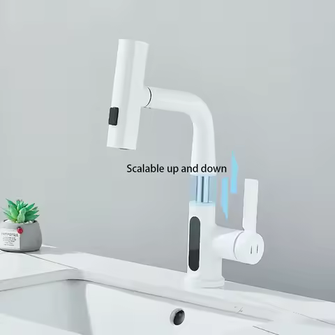 2025 디지털 온도 표시 폭포 세면대 수도꼭지, 위아래 흐름 분무기, 온수 및 냉수 싱크 믹서, 욕실 수도꼭지
