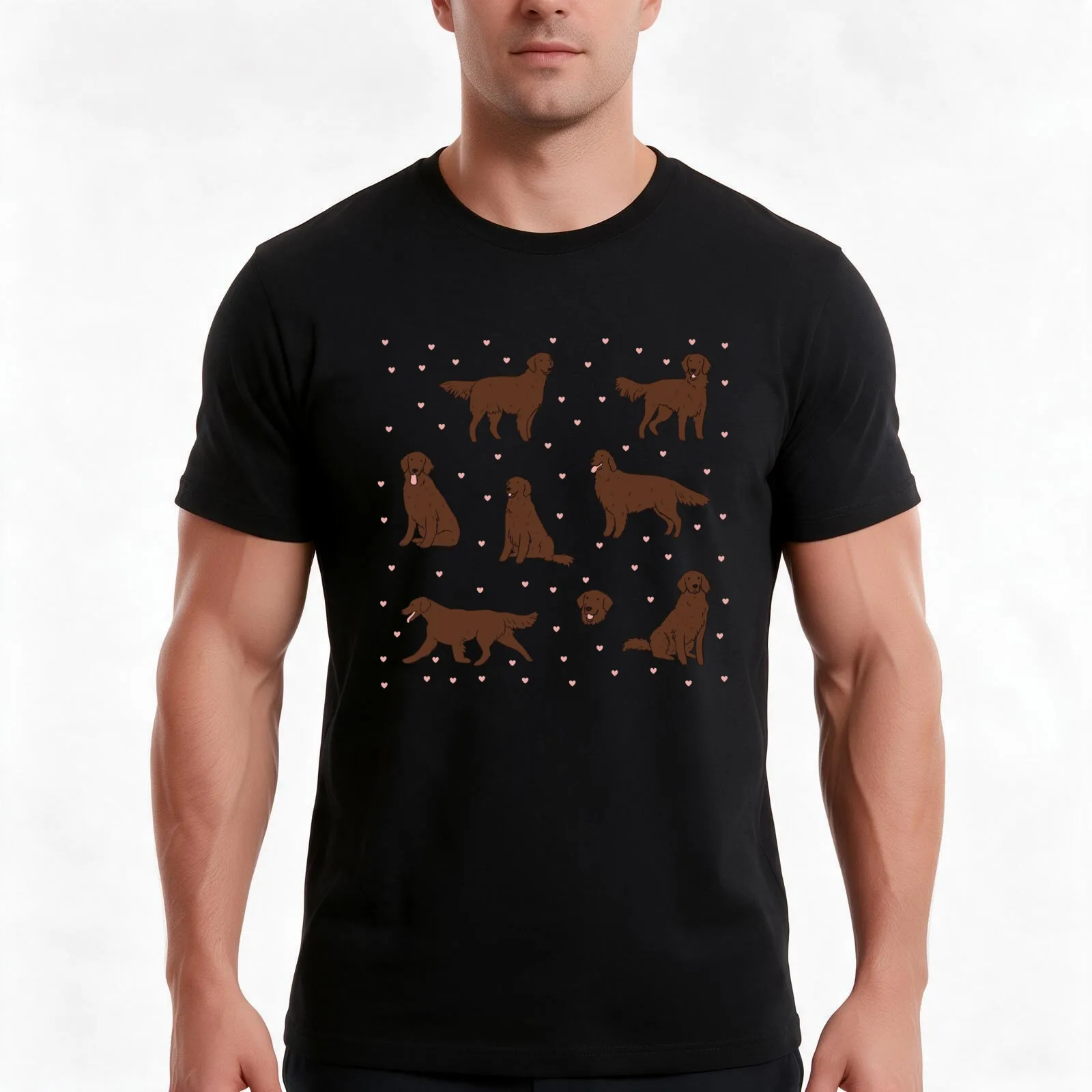 Brown flat coated retriever dog packs illustration T-Shirt, Summer Casual Cotton Tee, Oversized Streetwear Tops, 100% Cotton