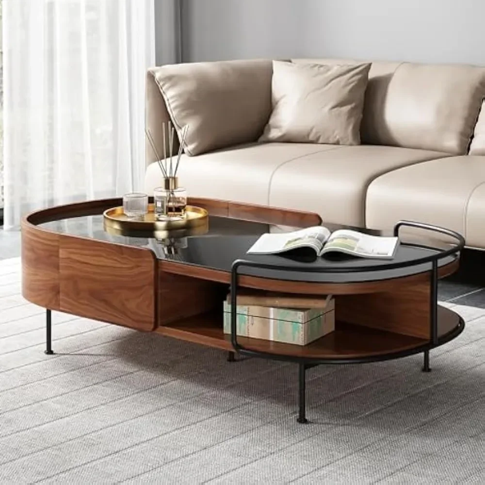 Coffee table, walnut oval black glass tabletop, semi-circular storage in living room, suitable for living room coffee table