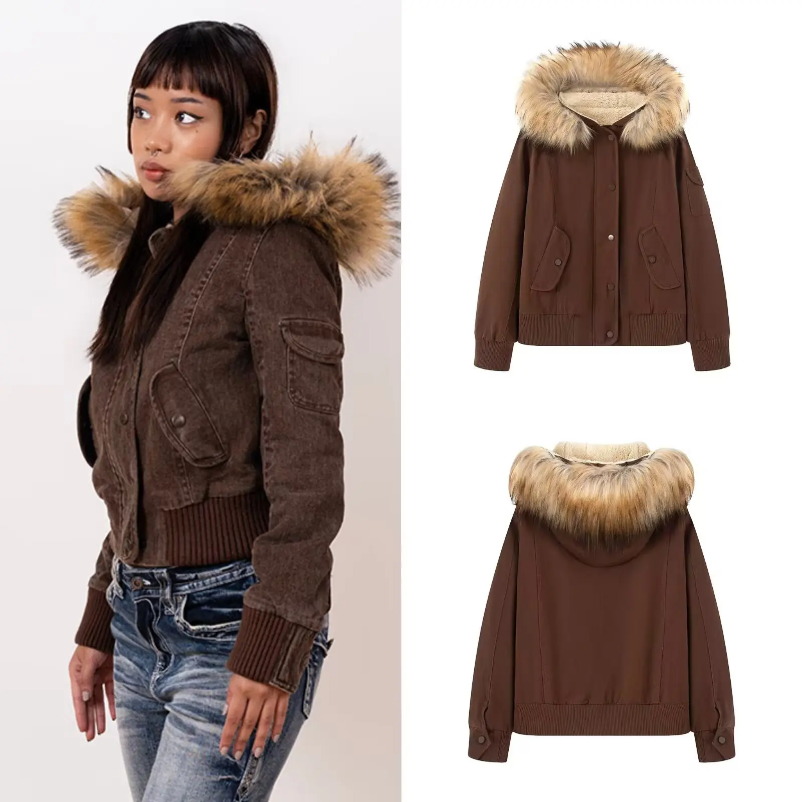 

And Hood Brown Retro Slimming Versatile Fashionable Street Style PersonalizedWomen's Workwear Jacket with Large Fur Collar