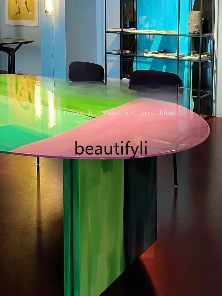 

Designer painting solid wood dining table medieval oval long table household painting eating table model room