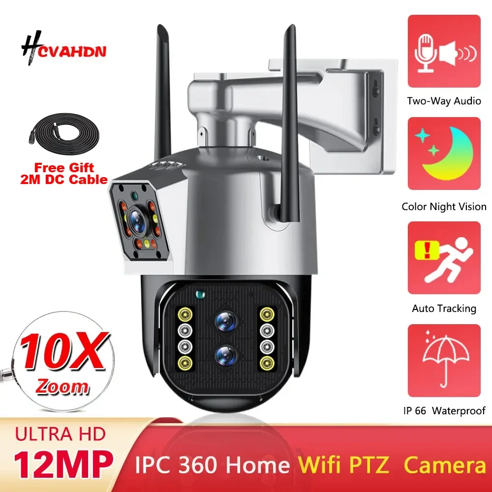 

4K 12MP WiFi IP Camera 3-Lens Dual Screen Outdoor 10x Zoom PTZ Camera AI Tracking Security Protection CCTV Surveillance Camera