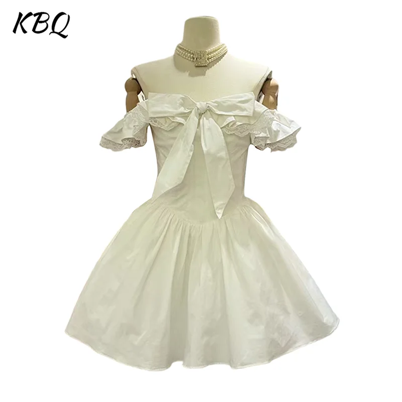 

KBQ Elegant Lace Spliced Bowknot Mini Dresses For Women Strapless Sleeveless Backless High Waist Sweet Dress Female Fashion New