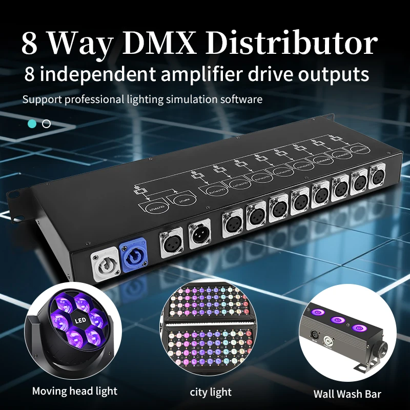 Divisor de Señal DMX512 de 8 Canales, Amplificador Ópticamente Aislado, Distribuidor XLR de 3 Pines para Iluminación de Escenario, DJ, Discoteca, Bodas y Eventos
